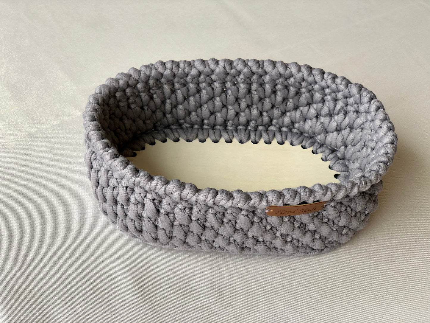 Crochet Oval Basket Wooden Bottom- 20 x 12 cm, Storage Organizer, Home Decor