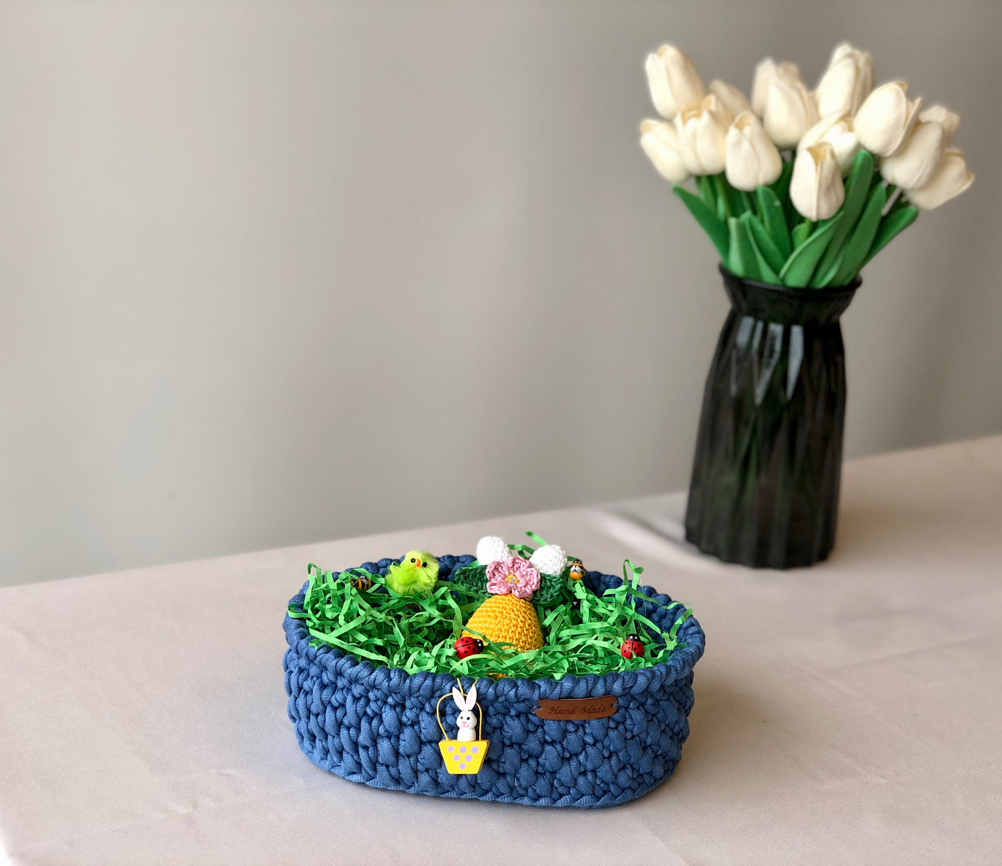 Crochet Oval Basket Wooden Bottom- 20 x 12 cm, Storage Organizer, Home Decor