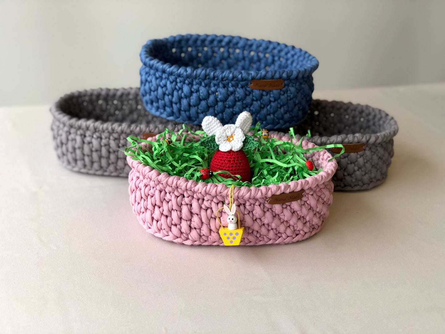 Crochet Oval Basket Wooden Bottom- 20 x 12 cm, Storage Organizer, Home Decor